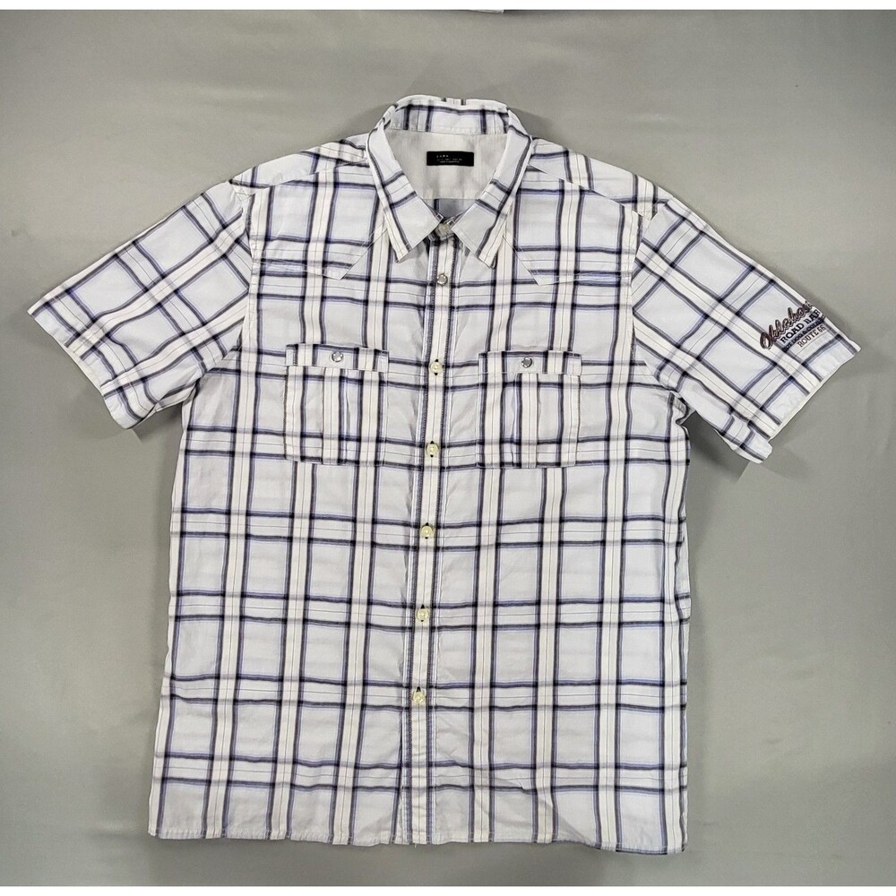 ZARA MAN Plaid Short Sleeve Western Shirt L Route 66 Oklahoma Road Bar Graphic